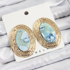 Pirinç Mermer Desenlli Mavi Sedef Oval Vintage Model Gold Renk Kadın Küpe BKP10777