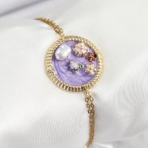 316L Çelik Zincir Mor Mineli Sanatsal Portre İnci Detaylı Çiçek Model Gold Renk Kadın Bileklik BB7228