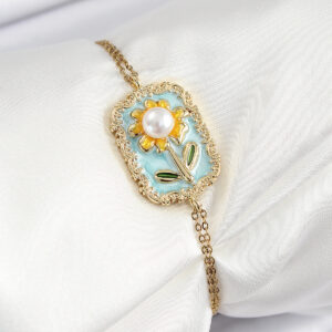 316L Çelik Zincir Turkuaz Mineli Sanatsal Portre İnci Detaylı Papatya Model Gold Renk Kadın Bileklik BB7230