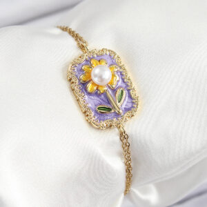 316L Çelik Zincir Mor Mineli Sanatsal Portre İnci Detaylı Papatya Model Gold Renk Kadın Bileklik BB7231