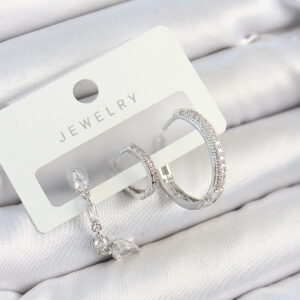 Pirinç Zirkon Taşlı Sallantılı Model Gümüş Renk 3'lü Çift Kadın Küpe Set BKP10789