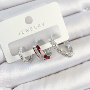 Pirinç Zirkon Taşlı Bordo Pembe Halka Model Gümüş Renk 3'lü Çift Kadın Küpe Set BKP10791