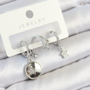 Pirinç Zirkon Taşlı Sallantılı Yıldız Model Gümüş Renk 3'lü Çift Kadın Küpe Set BKP10792