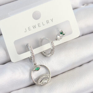 Pirinç Zirkon Taşlı Göz Ve Baykuş Model Gümüş Renk 3'lü Çift Kadın Küpe Set BKP10795