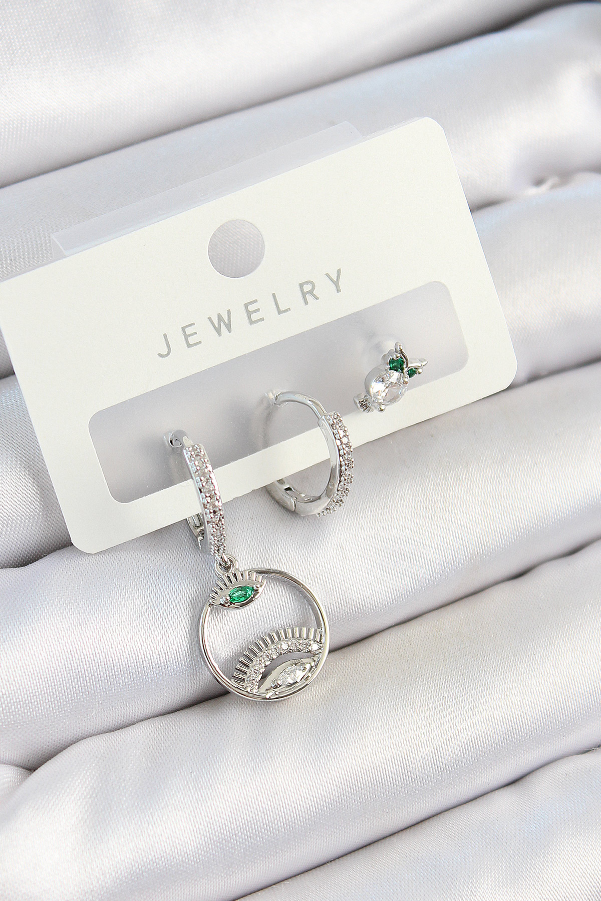 Pirinç Zirkon Taşlı Göz Ve Baykuş Model Gümüş Renk 3'lü Çift Kadın Küpe Set BKP10795