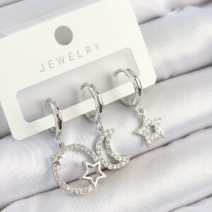 Pirinç Zirkon Taşlı Ay Ve Yıldız Model Gümüş Renk 3'lü Çift Kadın Küpe Set BKP10797