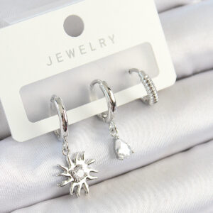 Pirinç Zirkon Taşlı Güneş Model Gümüş Renk 3'lü Çift Kadın Küpe Set BKP10799