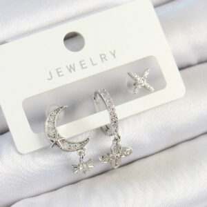 Pirinç Zirkon Taşlı Çiçek Ve Ay Model Gümüş Renk 3'lü Çift Kadın Küpe Set BKP10804