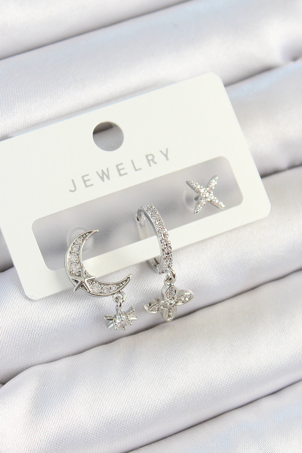 Pirinç Zirkon Taşlı Çiçek Ve Ay Model Gümüş Renk 3'lü Çift Kadın Küpe Set BKP10804