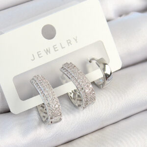 Pirinç Zirkon Taşlı Damla Model Gümüş Renk 3'lü Çift Kadın Küpe Set BKP10805