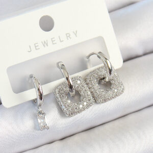 Pirinç Zirkon Taşlı Kare Model Gümüş Renk 3'lü Çift Kadın Küpe Set BKP10806