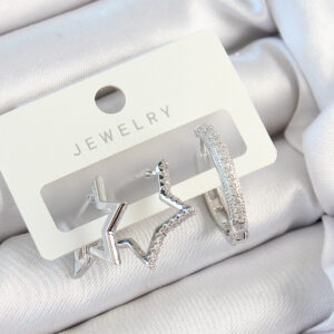 Pirinç Zirkon Taşlı Yıldız Ve Halka Model Gümüş Renk 3'lü Çift Kadın Küpe Set BKP10808