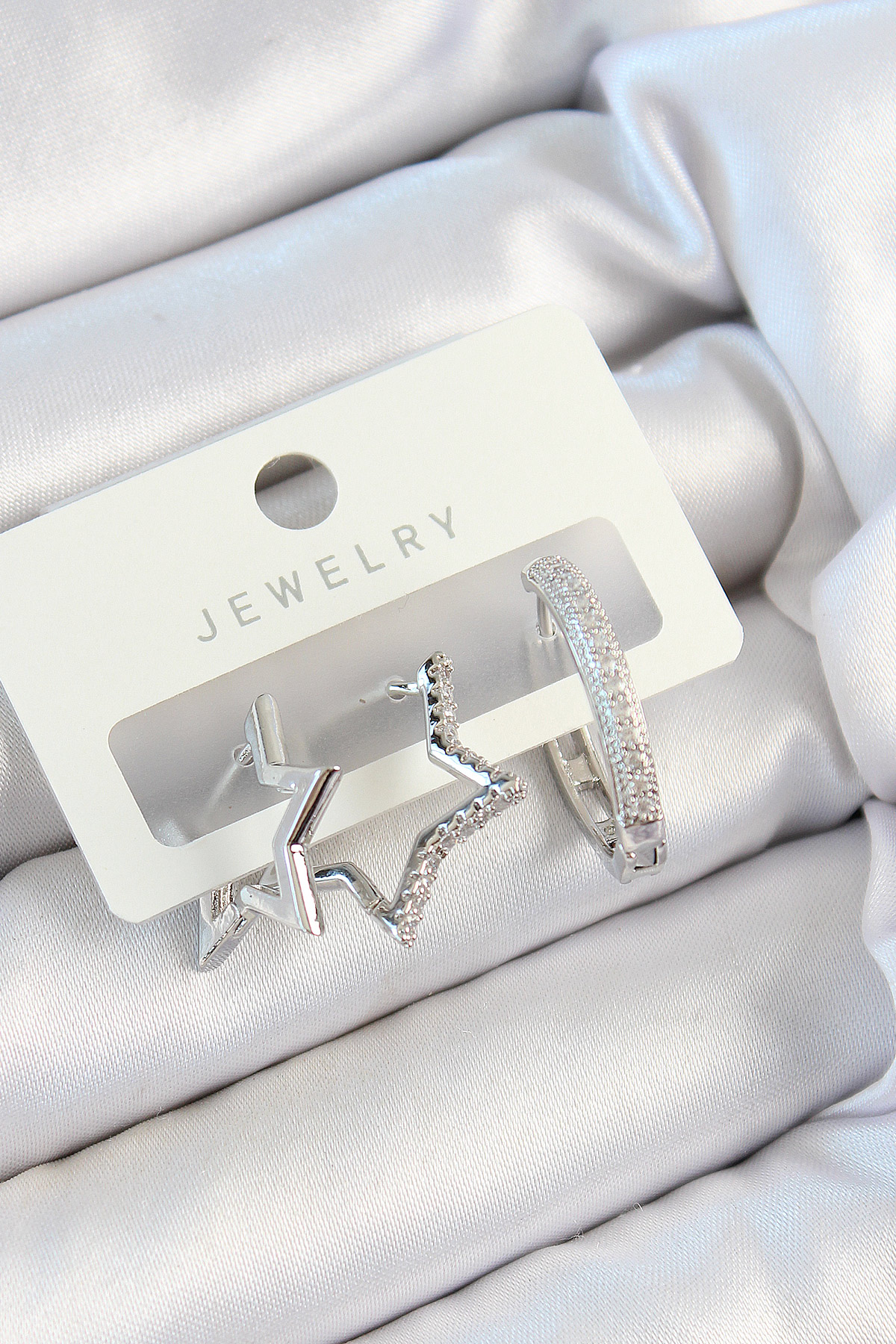 Pirinç Zirkon Taşlı Yıldız Ve Halka Model Gümüş Renk 3'lü Çift Kadın Küpe Set BKP10808