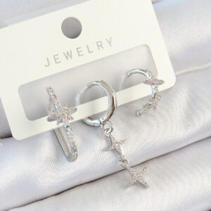 Pirinç Zirkon Taşlı Kelebek Ve Sallantılı Yıldız Model Gümüş Renk 3'lü Çift Kadın Küpe Set BKP10811