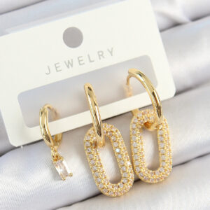 Pirinç Zirkon Taşlı Dikdörtgen Model Gold Renk 3'lü Çift Kadın Küpe Set BKP10816