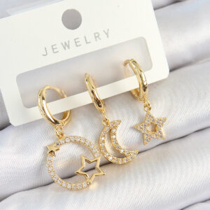 Pirinç Zirkon Taşlı Yıldız Ve Ay Model Gold Renk 3'lü Kadın Küpe Set BKP10819