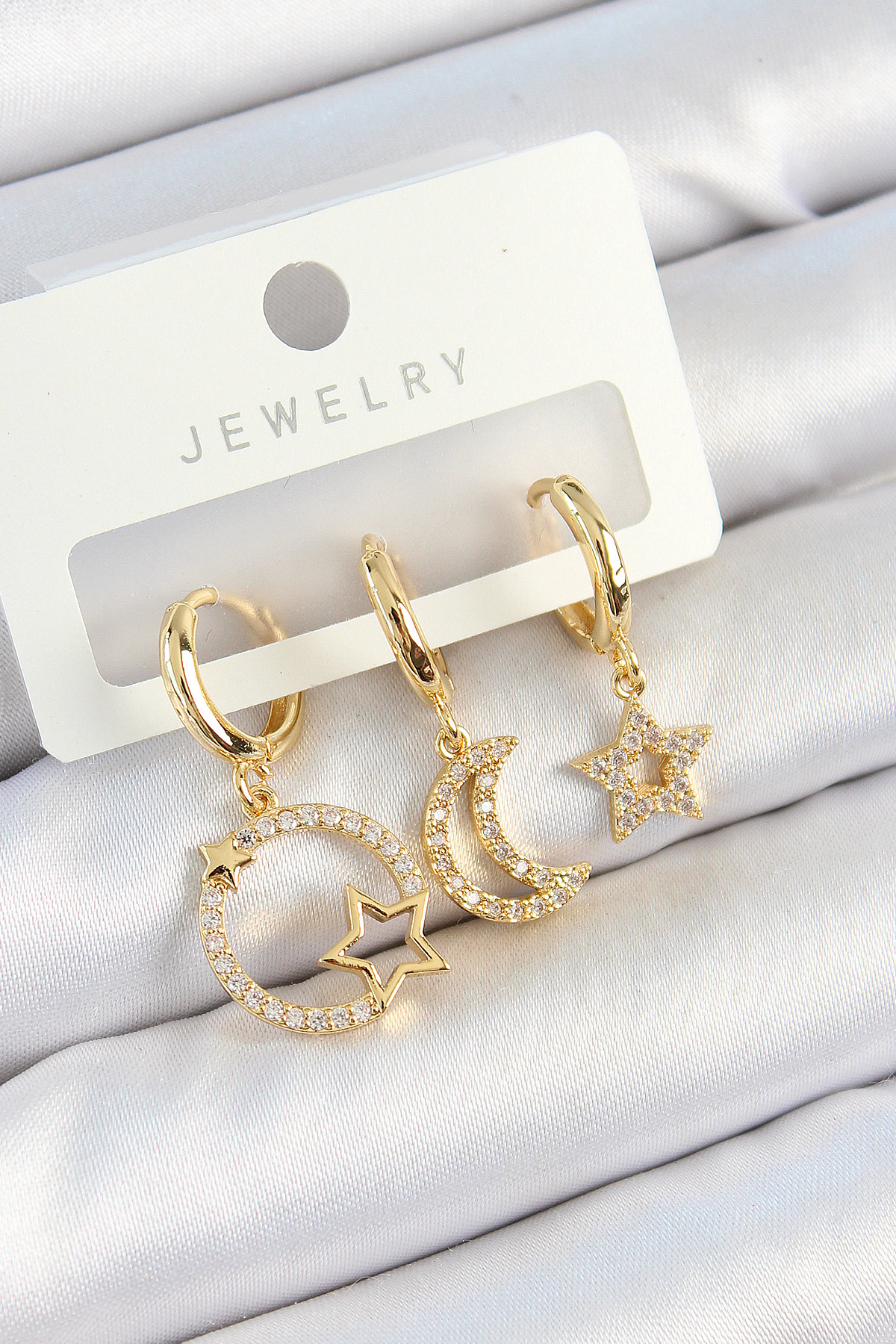 Pirinç Zirkon Taşlı Yıldız Ve Ay Model Gold Renk 3'lü Kadın Küpe Set BKP10819