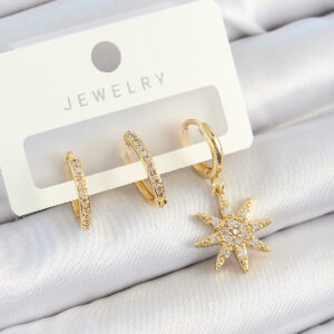 Pirinç Zirkon Taşlı Kutup Yıldızı Model Gold Renk 3'lü Çift Kadın Küpe Set BKP10820