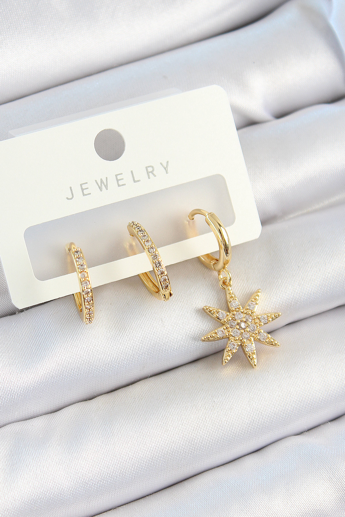 Pirinç Zirkon Taşlı Kutup Yıldızı Model Gold Renk 3'lü Çift Kadın Küpe Set BKP10820