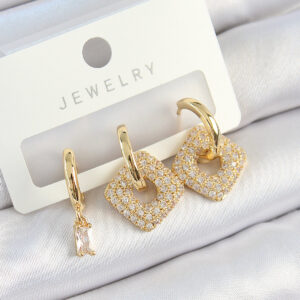 Pirinç Zirkon Taşlı Kare Model Gold Renk 3'lü Çift Kadın Küpe Set BKP10821