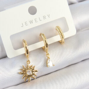 Pirinç Zirkon Taşlı Güneş Model Gold Renk 3'lü Çift Kadın Küpe Set BKP10824