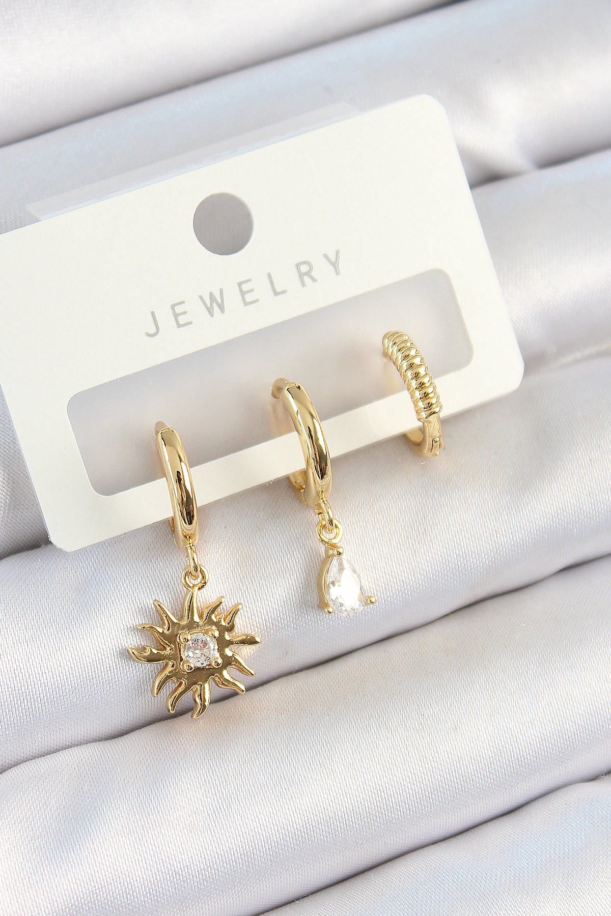 Pirinç Zirkon Taşlı Güneş Model Gold Renk 3'lü Çift Kadın Küpe Set BKP10824