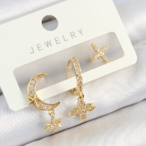 Pirinç Zirkon Taşlı Çiçek Ve Ay Model Gold Renk 3'lü Çift Kadın Küpe Set BKP10827