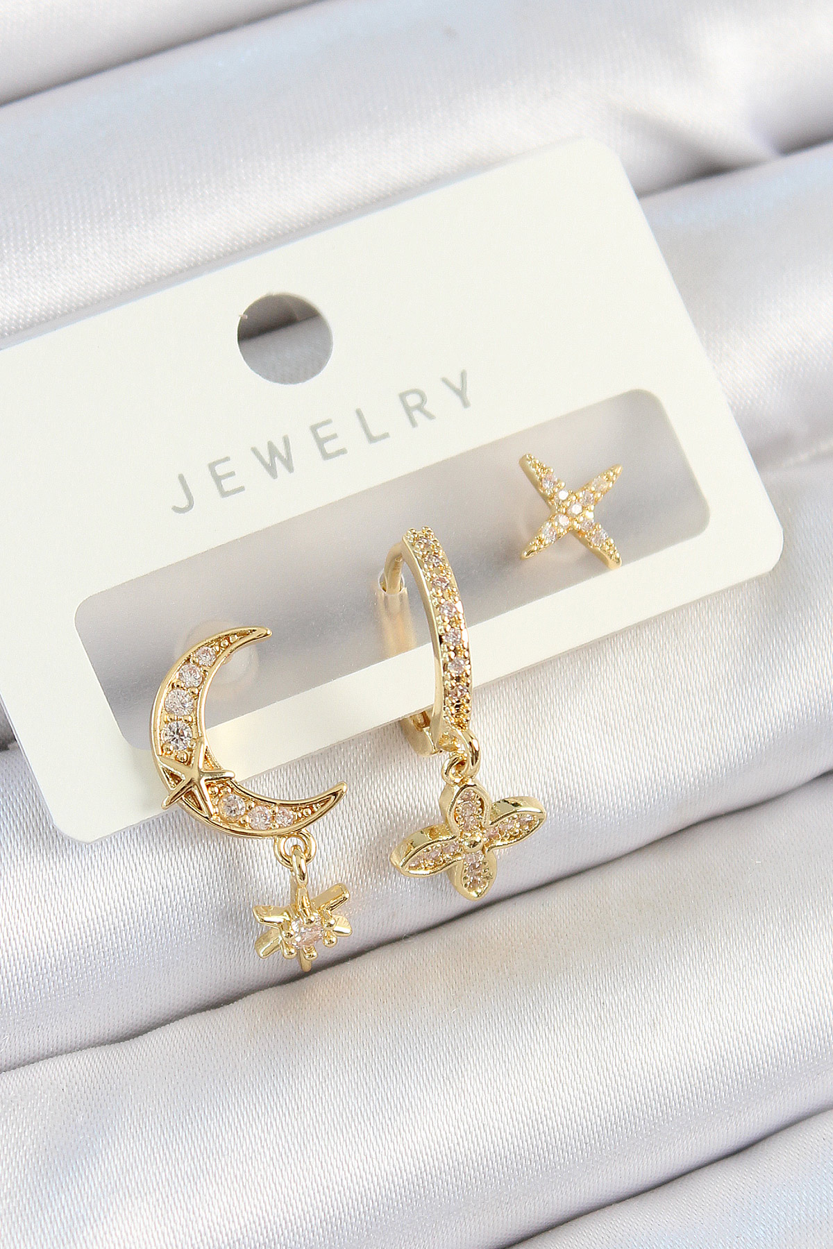 Pirinç Zirkon Taşlı Çiçek Ve Ay Model Gold Renk 3'lü Çift Kadın Küpe Set BKP10827