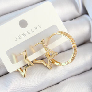 Pirinç Zirkon Taşlı Yıldız Ve Halka Model Gold Renk 3'lü Çift Kadın Küpe Set BKP10830