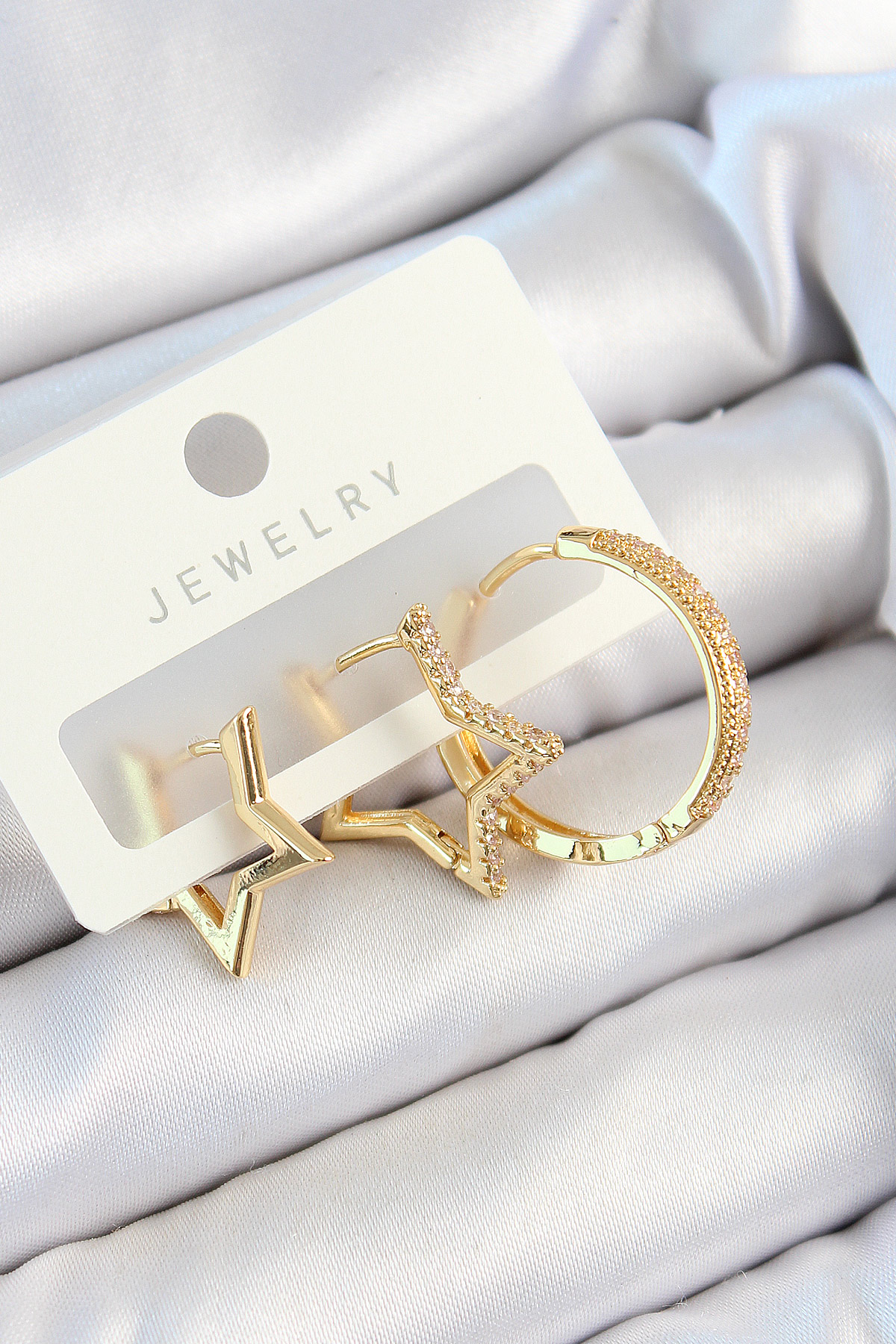 Pirinç Zirkon Taşlı Yıldız Ve Halka Model Gold Renk 3'lü Çift Kadın Küpe Set BKP10830