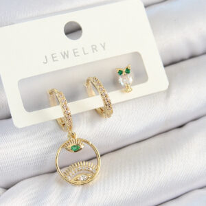 Pirinç Zirkon Taşlı Göz Ve Baykuş Model Gold Renk 3'lü Çift Kadın Küpe Set BKP10831