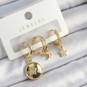 Pirinç Zirkon Taşlı Yıldız Ve Ay Model Gold Renk 3'lü Çift Kadın Küpe Set BKP10833