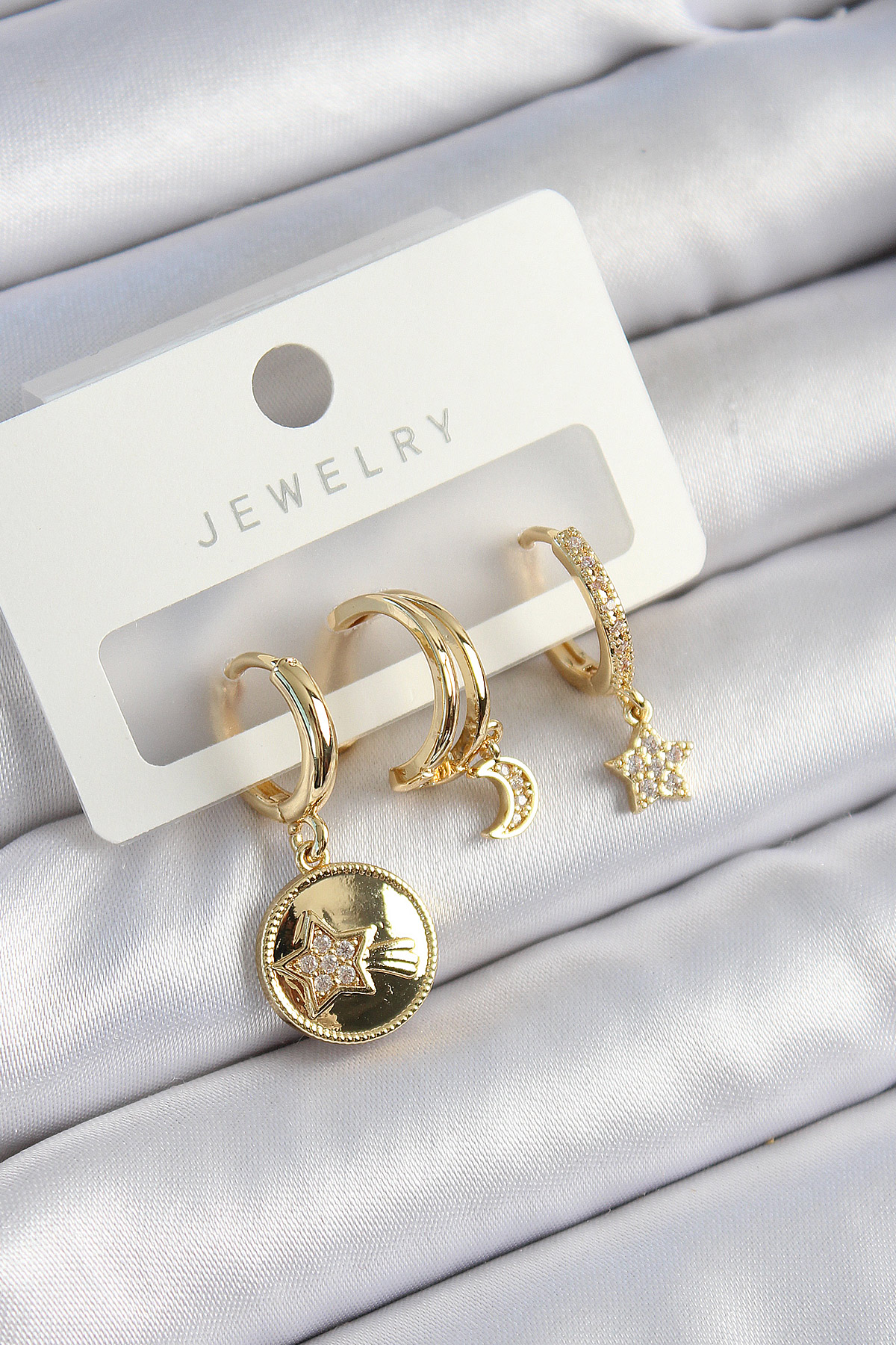 Pirinç Zirkon Taşlı Yıldız Ve Ay Model Gold Renk 3'lü Çift Kadın Küpe Set BKP10833