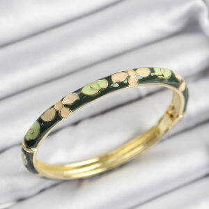 Mineli Pirinç Krem Ve Yeşil Çiçek Motifli Gold Renk Kadın Kelepçe BB7400