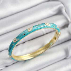 Mineli Pirinç Krem Ve Turkuaz Yaprak Motifli Gold Renk Kadın Kelepçe BB7421