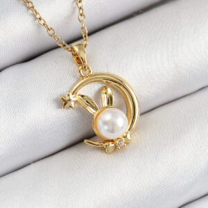 316L Çelik İnci Detaylı Hilal Tavşan Model Gold Renk Kadın Kolye BKO10347