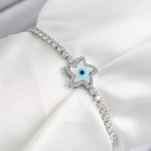 Pirinç Zirkon Taşlı Nazar Yıldız Model Gümüş Renk Asansörlü Kadın Bileklik BB7469