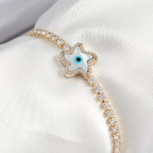 Pirinç Zirkon Taşlı Nazar Yıldız Model Gold Renk Asansörlü Kadın Bileklik BB7470