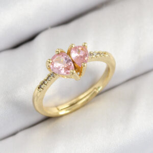 Pirinç Zirkon Taşlı Pembe Kalp Model Gold Renk Kadın Yüzük BYK3802