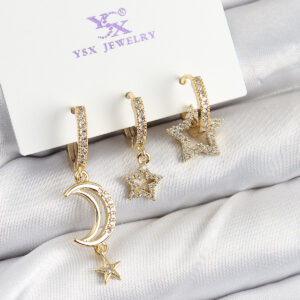 Pirinç Zİrkon Taşlı Ay Ve Hilal Model Gold Renk 3'lü Kadın Küpe BKP10942