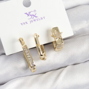 Pirinç Zİrkon Taşlı Yıldız Model Gold Renk 3'lü Kadın Küpe BKP10943