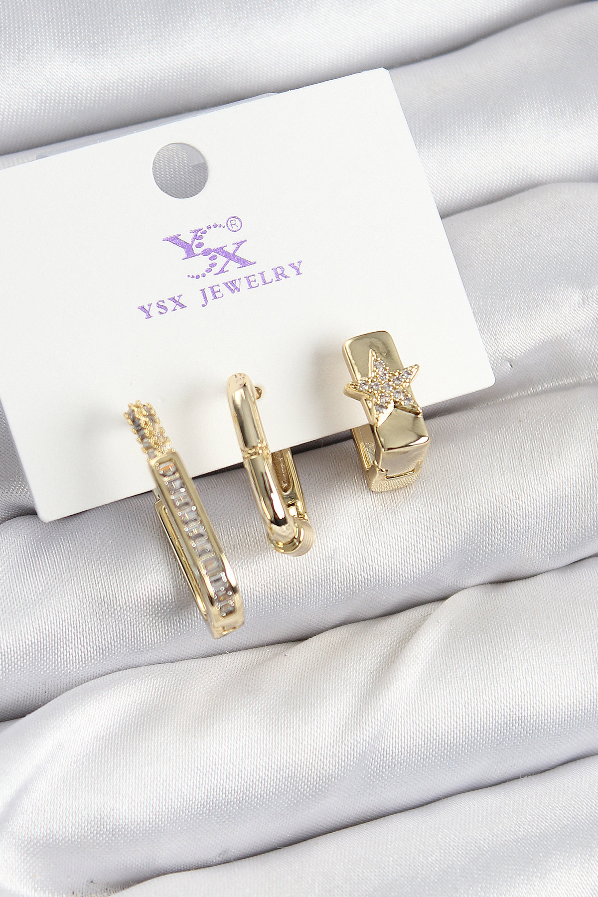 Pirinç Zİrkon Taşlı Yıldız Model Gold Renk 3'lü Kadın Küpe BKP10943