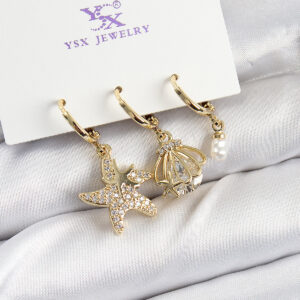 Pirinç Zİrkon Taşlı Deniz Yıldızı Ve İstiridye Model Gold Renk 3'lü Kadın Küpe BKP10944