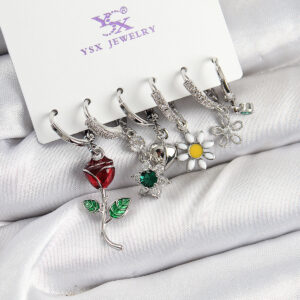 Pirinç Zİrkon Taşlı Gül Ve Papatya Model Gümüş Renk 3'lü Çift Kadın Küpe BKP10956