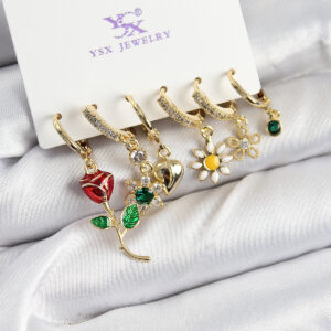 Pirinç Zİrkon Taşlı Gül Ve Papatya Model Gold Renk 3'lü Çift Kadın Küpe BKP10957