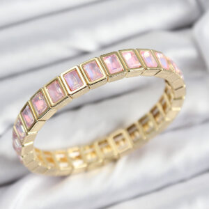 Pirinç Pembe Zirkon Taşlı Dikdörtgen Model Gold Renk Lastikli Kadın Bileklik BB7491