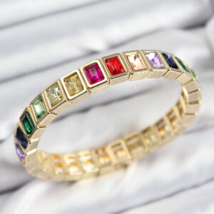 Pirinç Karışık Zirkon Taşlı Dikdörtgen Model Gold Renk Lastikli Kadın Bileklik BB7493