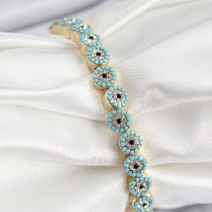 Pirinç Zirkon Taşlı Turkuaz Nazar Model Gold Renk Lastikli Kadın Bileklik BB7496