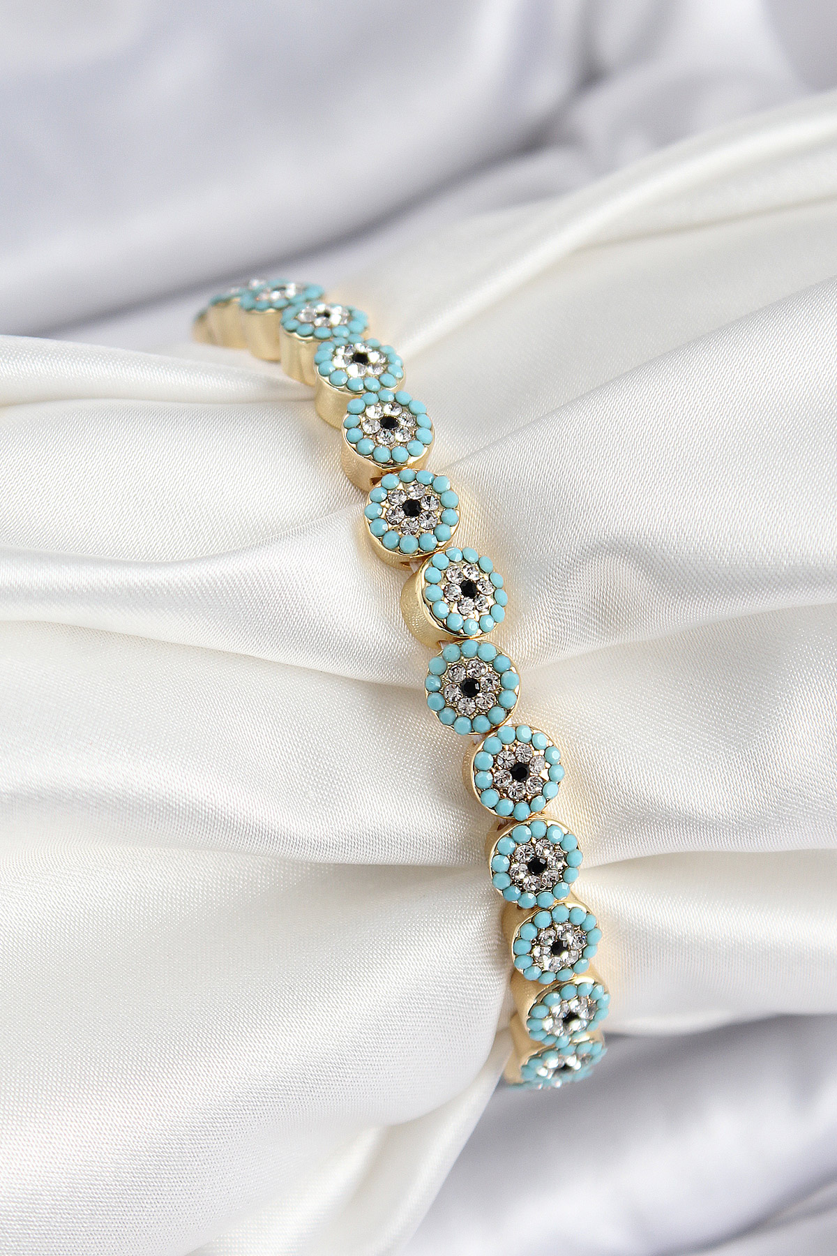 Pirinç Zirkon Taşlı Turkuaz Nazar Model Gold Renk Lastikli Kadın Bileklik BB7496