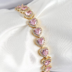 Pirinç Zirkon Taşlı Pembe Kalp Baget Model Gold Renk VIP Seri Kadın Bileklik BB7502